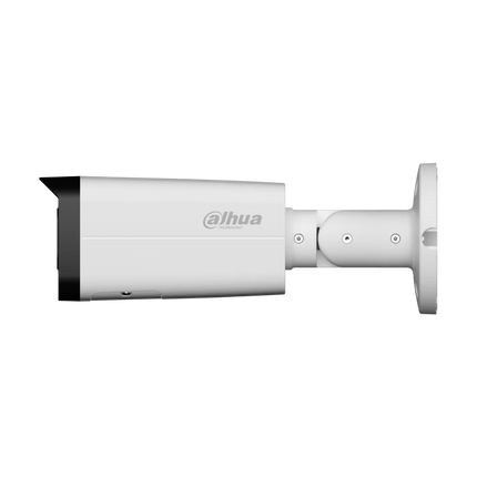 Dahua HFW3667T-ZAS-IL-ANZ 6MP WizSense 3 AcuPick bullet camera side profile showing motorised vari-focal lens and dual IR plus warm light array