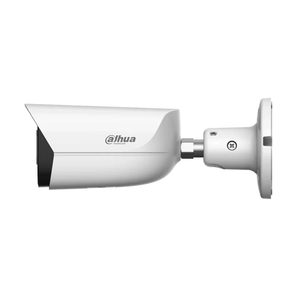 Dahua HFW3867E-AS-IL-ANZ rear view — RJ-45 PoE 802.3af, RCA audio in/out, 1/1 alarm I/O, metal IP67 housing