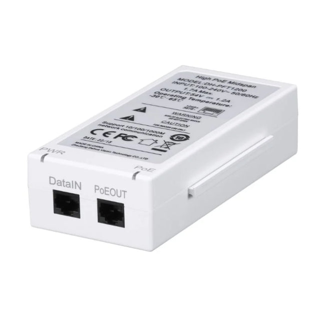 Dahua 60W Hi-PoE midspan power injector (model DH-AC-PFT1200) for powering high-power PTZ IP security cameras.