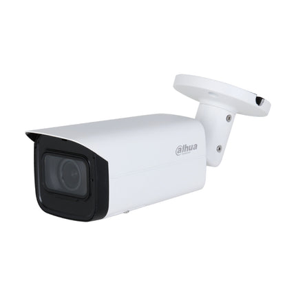 Front lens bezel of Dahua DH-IPC-HFW3866TP-ZAS-AUS showing 2.7-13.5mm motorised zoom optics and infrared LEDs