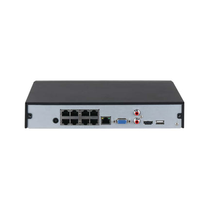 Dahua NVR4108HS-8P-AI/ANZ rear panel with 8 PoE ports, 4K HDMI, VGA, gigabit Ethernet and 53 VDC power input