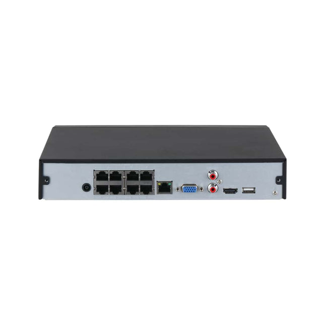 Dahua NVR4108HS-8P-AI/ANZ rear panel with 8 PoE ports, 4K HDMI, VGA, gigabit Ethernet and 53 VDC power input