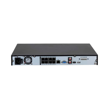 Dahua NVR4208-8P-AI/ANZ rear panel with 8 PoE ports, 4K HDMI, VGA, gigabit Ethernet and 4-input / 2-output alarm terminals