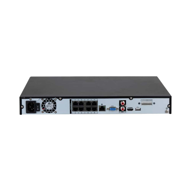 Dahua NVR4208-8P-AI/ANZ rear panel with 8 PoE ports, 4K HDMI, VGA, gigabit Ethernet and 4-input / 2-output alarm terminals