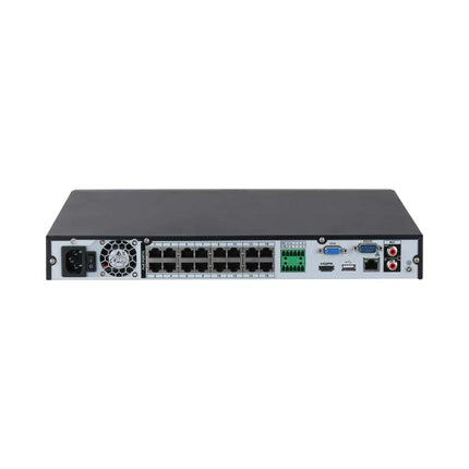 Dahua NVR4216-16P-AI/ANZ rear panel with 16 PoE ports, 4K HDMI, VGA, gigabit Ethernet, alarm I/O and RS-232