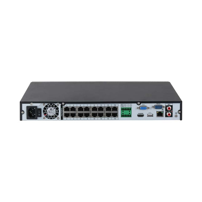 Dahua NVR4216-16P-AI/ANZ rear panel with 16 PoE ports, 4K HDMI, VGA, gigabit Ethernet, alarm I/O and RS-232