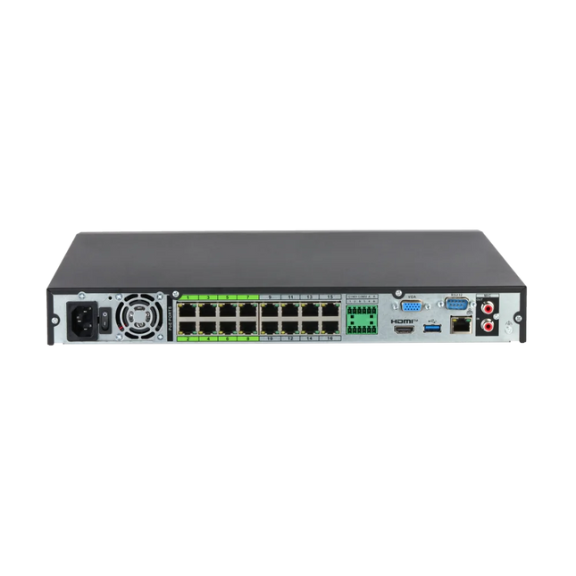Dahua DHI-NVR5216-16HP-AI/ANZ-S2 rear view with 16 PoE ports, 8K HDMI, VGA and alarm I/O