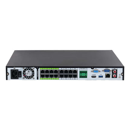 Dahua NVR5216-16P-AI/ANZ rear panel with 16 PoE/ePoE ports, 4K HDMI, VGA, gigabit Ethernet, RS-232 + RS-485, alarm I/O terminals