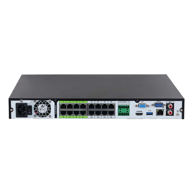 Dahua NVR5216-16P-AI/ANZ rear panel with 16 PoE/ePoE ports, 4K HDMI, VGA, gigabit Ethernet, RS-232 + RS-485, alarm I/O terminals