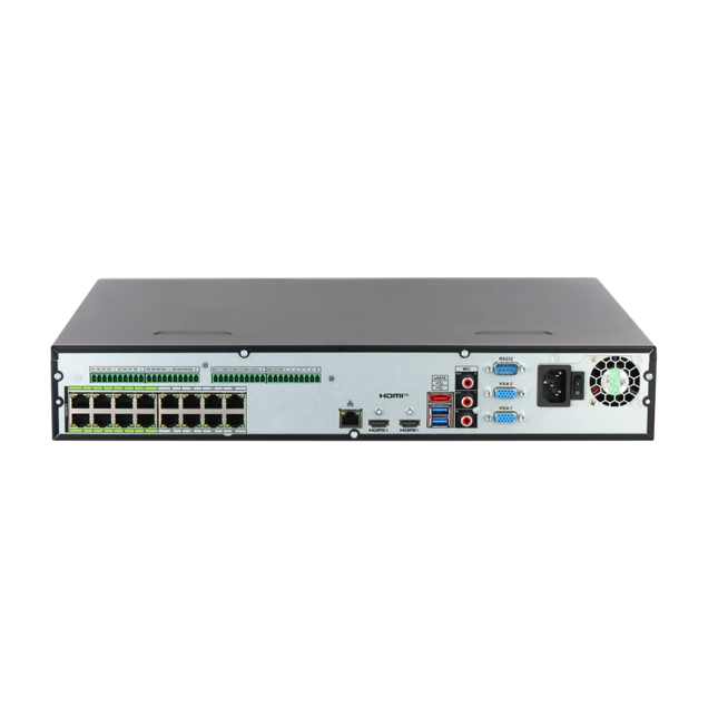 Dahua NVR5432-16HP-AI/ANZ-S2 rear panel with 16 High-Power PoE+ ports (200W), 8K HDMI, dual VGA, gigabit Ethernet, 16-in/6-out alarm terminals, RS-232 + RS-485 and eSATA