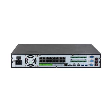 Dahua NVR5432-16P-AI/ANZ rear panel with 16 PoE/ePoE ports, dual 4K HDMI, dual VGA, dual Gigabit Ethernet, 16-in/6-out alarm terminals and RS-232 + RS-485