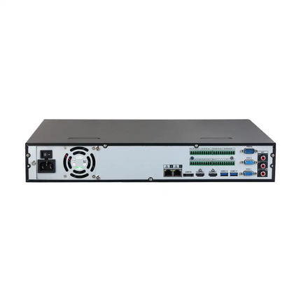 Dahua NVR5464-AI/ANZ rear panel with dual HDMI 4K, dual VGA, dual Gigabit Ethernet, 16-in/6-out alarm terminals, RS-232 + RS-485, eSATA — no built-in PoE