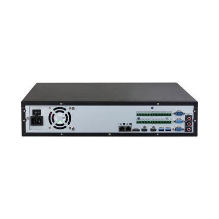 Dahua NVR5864-AI/ANZ rear panel with dual HDMI 4K, dual VGA, dual Gigabit Ethernet, 16-in/8-out alarm terminals, RS-232 + 2x RS-485, eSATA — no built-in PoE