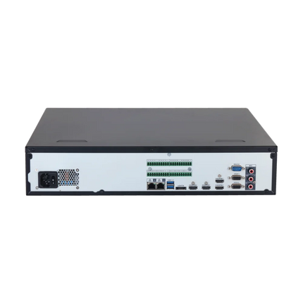 Dahua NVR608H-128-AI/ANZ rear panel with four HDMI outputs (one 8K), dual VGA, dual 2.5 Gigabit Ethernet, 16-in/8-out alarm terminals and eSATA