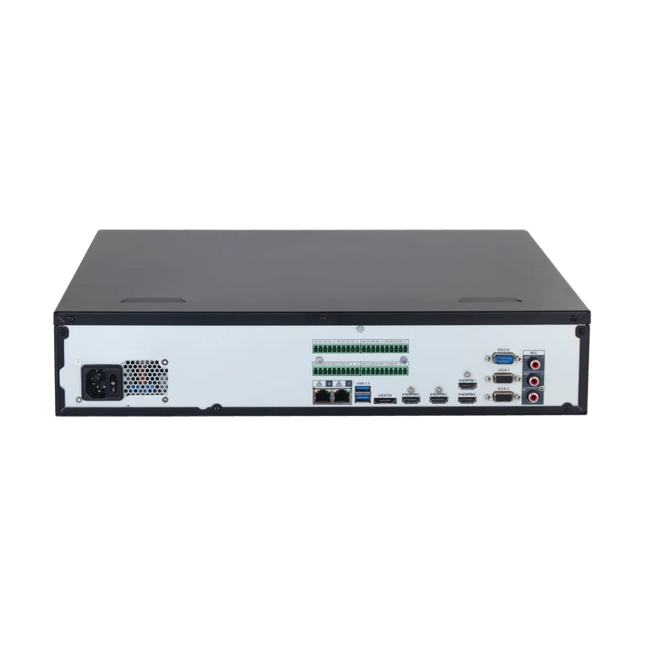 Dahua NVR608H-128-AI/ANZ rear panel with four HDMI outputs (one 8K), dual VGA, dual 2.5 Gigabit Ethernet, 16-in/8-out alarm terminals and eSATA