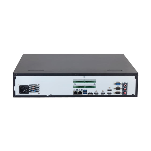 Dahua NVR608H-32-AI/ANZ rear panel with four HDMI outputs (one 8K), dual VGA, dual 2.5 Gigabit Ethernet, 16-in/8-out alarm terminals, RS-232 + RS-485 and eSATA