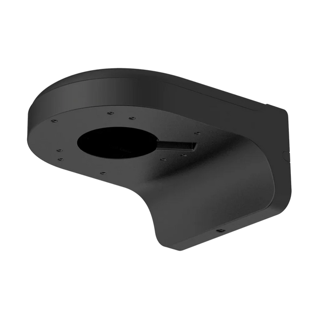 Dahua DH-AC-PFB203W-B black waterproof wall mount bracket installed on dark render wall with a Dahua TiOC eyeball turret camera fitted — CCTV Guru Australia