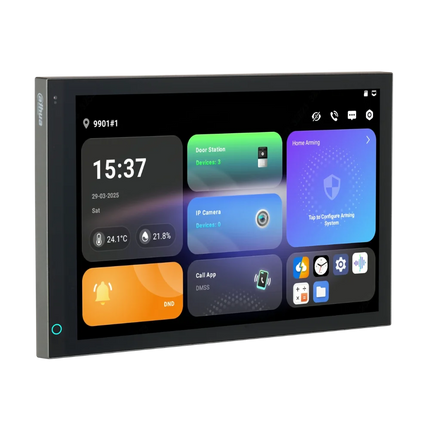 Dahua SCP3044A-BZ 10.1-inch video intercom monitor showing home screen with temperature and humidity