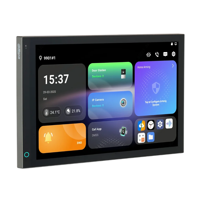Dahua SCP3044A-BZ 10.1-inch video intercom monitor showing home screen with temperature and humidity