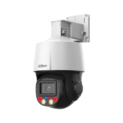 Dahua SD3E405DB-GNY-A-PV1 mini PT camera side profile showing motorised vari-focal lens, smart dual light array and red blue strobe for TiOC active deterrence