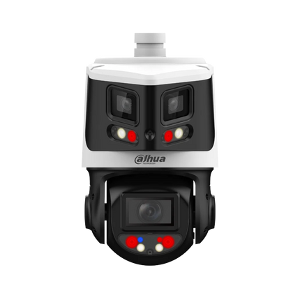 Dahua DH-SDT3E410-8P-MB-A-PV1 X-Spans 8 MP + 4 MP 10× Starlight TiOC panoramic and PTZ camera — front view showing dual sensor housing
