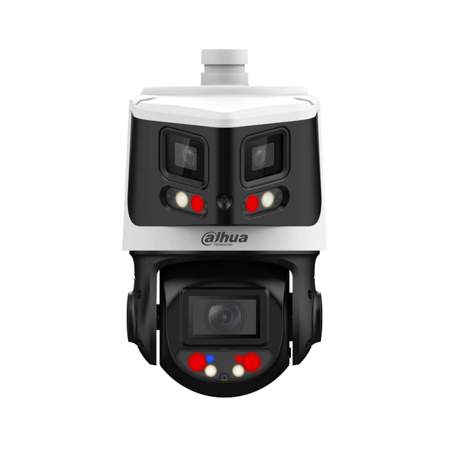 Dahua DH-SDT3E410-8P-MB-A-PV1 X-Spans 8 MP + 4 MP 10× Starlight TiOC panoramic and PTZ camera — front view showing dual sensor housing