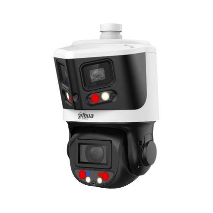 Dahua SDT3E410-8P-MB-A-PV1 X-Spans dual-sensor PTZ camera side profile showing 180-degree panorama lens and 10× motorised PTZ head with Sony STARVIS sensor