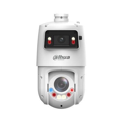 Dahua DH-SDT4E425-4F-GB-A-PV1 X-Spans 4 MP + 4 MP 25× TiOC PTZ camera — front view showing dual lens housing with F1.0 panorama