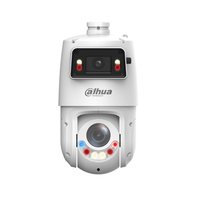 Dahua DH-SDT4E425-4F-GB-A-PV1 X-Spans 4 MP + 4 MP 25× TiOC PTZ camera — front view showing dual lens housing with F1.0 panorama