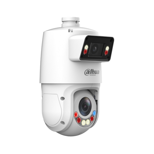 Dahua SDT4E425-4F-GB-A-PV1 X-Spans dual-sensor PTZ camera side profile showing F1.0 large-aperture panorama lens and 25× motorised PTZ head
