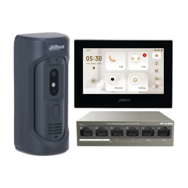 Dahua VTH2621G-P 7-inch indoor monitor in black and white with VTO2101E-P-S2 villa door station