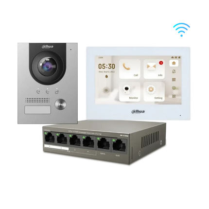 Dahua VTH2621G-WP Wi-Fi monitor with VTO2202F-P-S2 fisheye door station and IP-COM PoE switch
