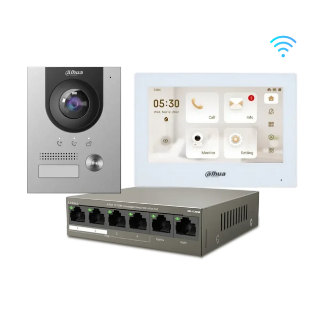 Dahua VTH2621G-WP Wi-Fi monitor with VTO2202F-P-S2 fisheye door station and IP-COM PoE switch