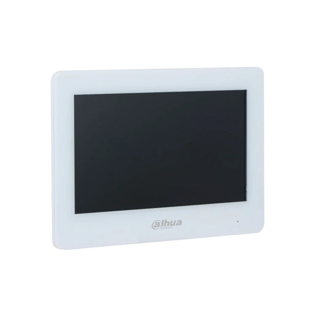 Close-up of the active 1024x600 TFT LCD screen on the white Dahua indoor monitor, demonstrating the digital menu layout and a live video stream from a connected IP villa door station.