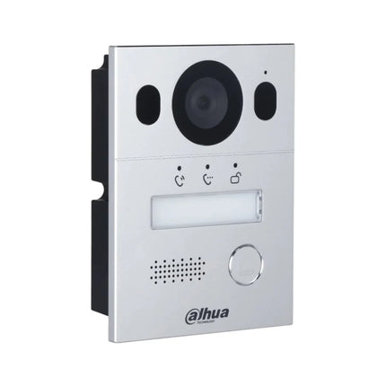 Side angle view of the Dahua silver residential intercom unit highlighting its ultra-durable IP65 dust and waterproof sealing alongside its IK08 impact resistance against vandalism.