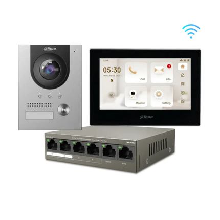 Dahua IP video intercom kit with VTO2202F-P-S2 door station and Wi-Fi 7-inch monitor in black and white