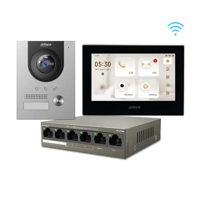 Dahua IP video intercom kit with VTO2202F-P-S2 door station and Wi-Fi 7-inch monitor in black and white