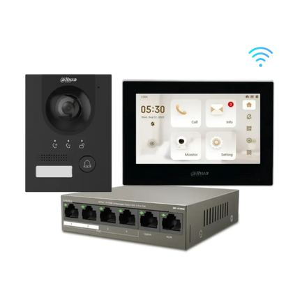 Dahua IP video intercom kit with VTO2202F-P-S2 door station and Wi-Fi 7-inch monitor in black and white