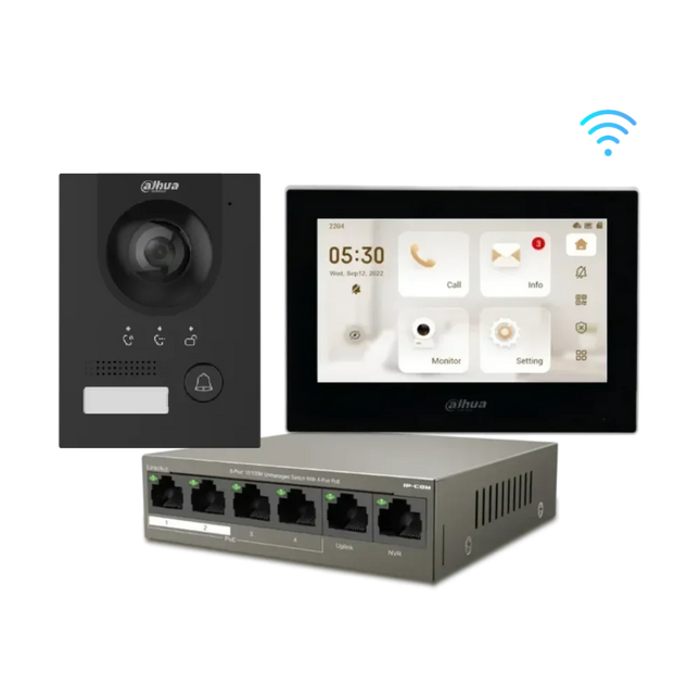Dahua IP video intercom kit with VTO2202F-P-S2 door station and Wi-Fi 7-inch monitor in black and white