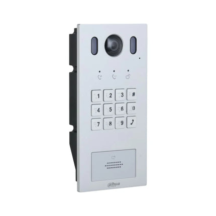 Close up of the Dahua hybrid door station showing the 12-button mechanical keypad and integrated IC card reader