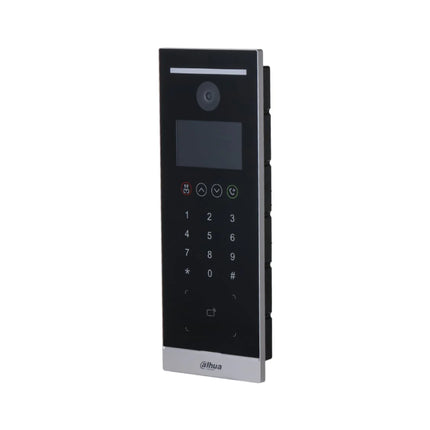Close up of the Dahua VTO6521H multi-tenant entry panel highlighting its 800x480 resolution display screen and touch-sensitive keypad buttons