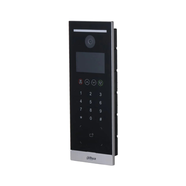 Close up of the Dahua VTO6521H multi-tenant entry panel highlighting its 800x480 resolution display screen and touch-sensitive keypad buttons