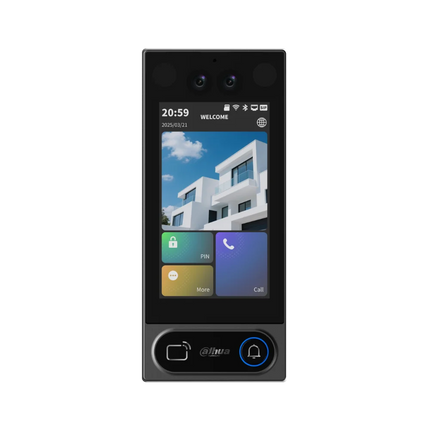 Dahua VTO6631QB-WP door station showing 5-inch display with card, Bluetooth and password unlock