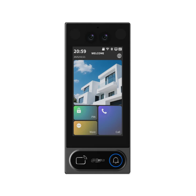 Dahua VTO6631QB-WP door station showing 5-inch display with card, Bluetooth and password unlock