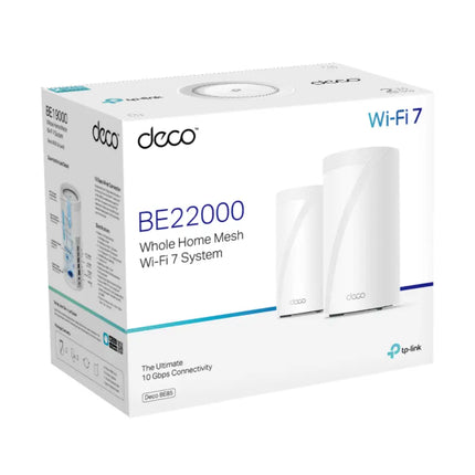 Front view of the TP-Link Deco BE85 BE22000 Tri-Band Whole Home Mesh Wi-Fi 7 System 2-Pack.