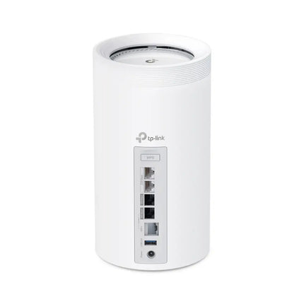 Rear view of a TP-Link Deco BE85 mesh router node, highlighting the dual 10Gbps ports for ultra-fast wired connections.