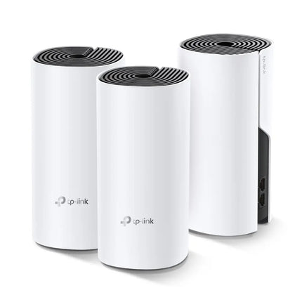 A sleek TP-Link Deco M4 mesh Wi-Fi tower sitting discreetly on a modern entertainment unit to provide seamless whole home coverage.