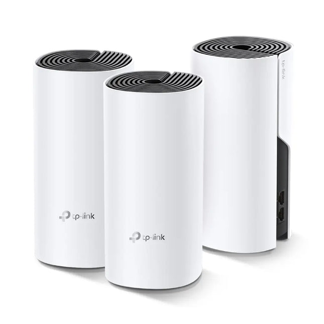 A sleek TP-Link Deco M4 mesh Wi-Fi tower sitting discreetly on a modern entertainment unit to provide seamless whole home coverage.