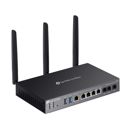 The vertical TP-Link DR3650v Wi-Fi 6 gateway acting as a central broadband internet hub in a home office.