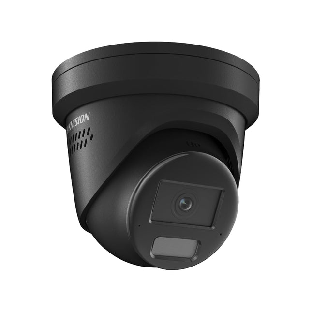 Angled view of 6MP AcuSense strobe black turret camera from Hikvision